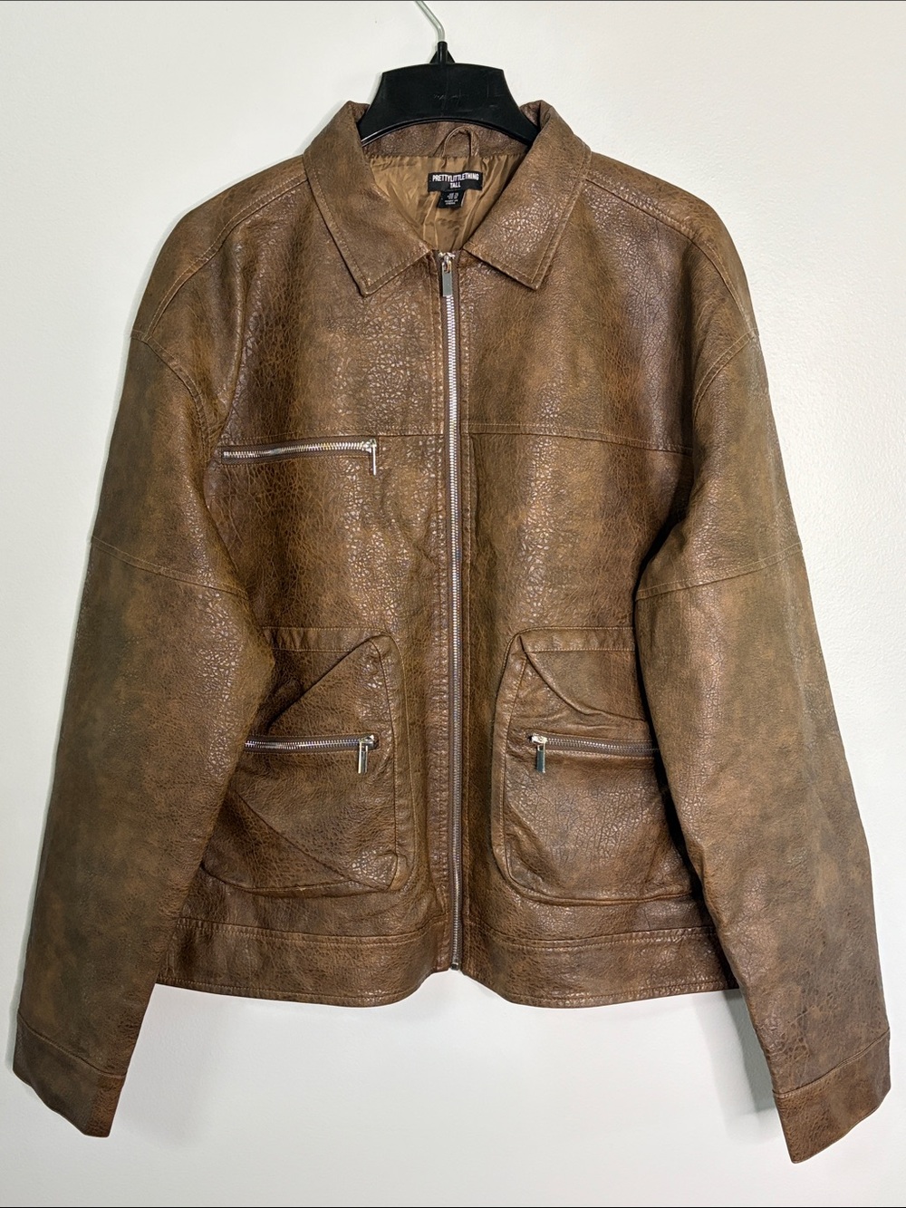 Pretty Little Thing Oversized Brown Faux Leather Zip-Up Jacket Size 10 Tall
